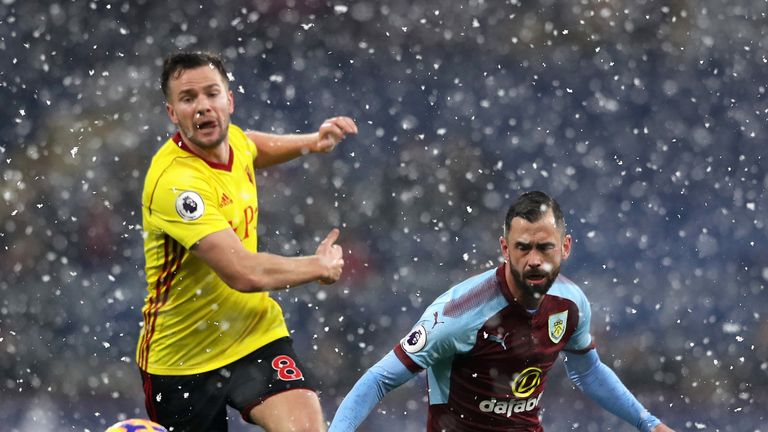 Steven Defour under pressure from Tom Cleverley during the Premier League match between Burnley and Watford at Turf Moor on December 9, 2017 in Burnley, England.  (Photo by Matthew Lewis/Getty Images)