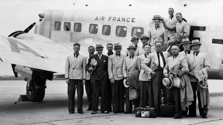 Picture dated 20 July 1938 at Paris' Bourget Airport shows non-identified Swedish football players posing in front of an Air France propeller plane prior their departure to Sweden
