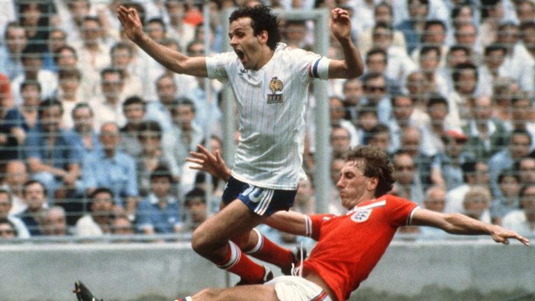 Terry Butcher tackles Michel Platini at the 1982 World Cup