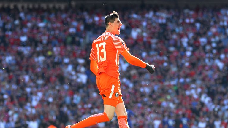 Thibaut Courtois celebrates Chelsea's FA Cup-winning goal on Saturday