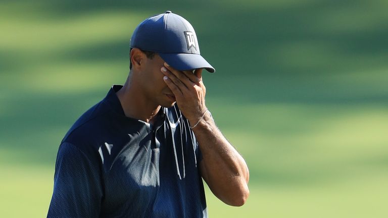 PONTE VEDRA BEACH, FL - MAY 11:  Tiger Woods of the United States reacts on the 11th green during the second round of THE PLAYERS Championship on the Stadium Course at TPC Sawgrass on May 11, 2018 in Ponte Vedra Beach, Florida.  (Photo by Sam Greenwood/Getty Images)
