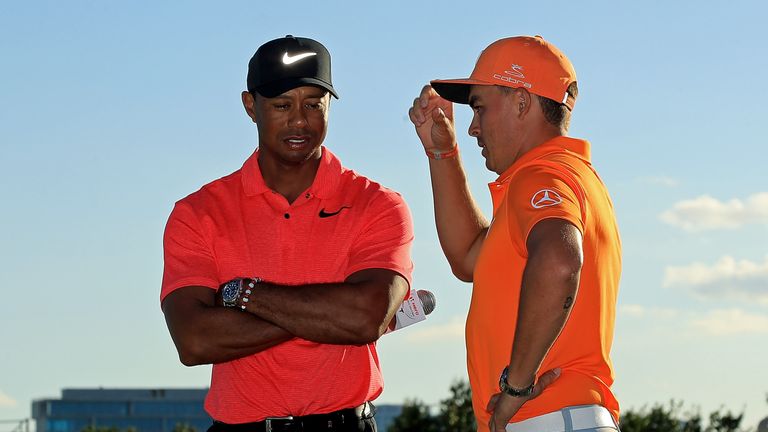 Tiger Woods and Rickie Fowler during the final round of the Hero World Challenge at Albany, Bahamas on December 3, 2017 in Nassau, Bahamas.