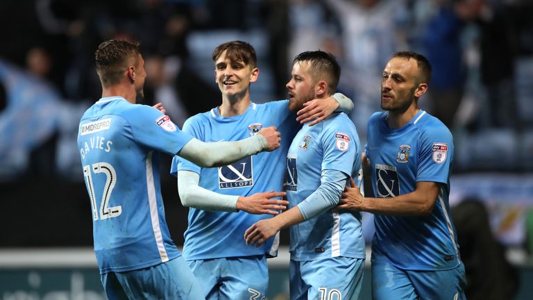Tom Bayliss (second from left) and Marc McNulty (third from left) celebrate for Coventry City