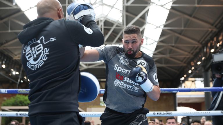 THE REMATCH PROMOTION.OPEN WORKOUTS.SPITALFIELDS,.LONDON,.PIC;LAWRENCE LUSTIG.TONY BELLEW WITH TRAINER DAVE COLDWELL  PERFORMS A PUBLIC WORKOUT AHEAD OF HIS FIGHTAT THE 02 ARENA ,LONDON ON EDDIE HEARNS MATCHROOM PROMOTION ON SATURDAY 5TH MAY