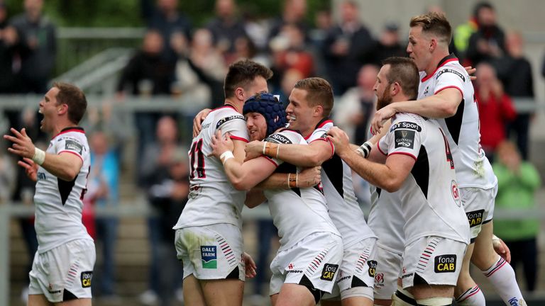 Ulster's Jacob Stockdale celebrates his late try against Ospreys with team-mates