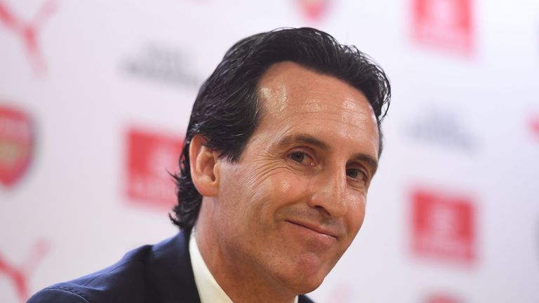 Unai Emery attends his first press conference as the new Head Coach of Arsenal at the Emirates Stadium on May 23, 2018