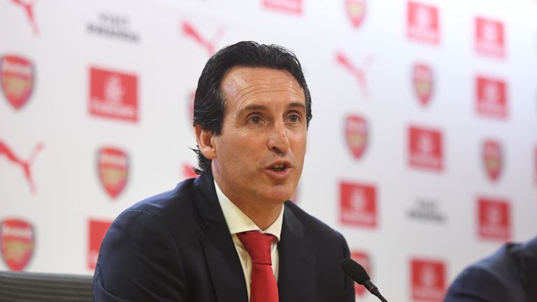 Unai Emery attends his first press conference as the new Head Coach of Arsenal at the Emirates Stadium on May 23, 2018