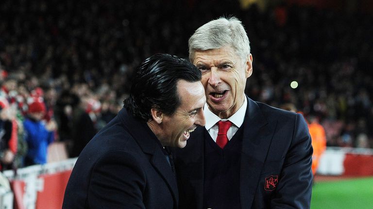 Arsene Wenger with Unai Emery before the UEFA Champions League match between Arsenal and Paris Saint-Germain at the Emirates Stadium on November 23, 2016