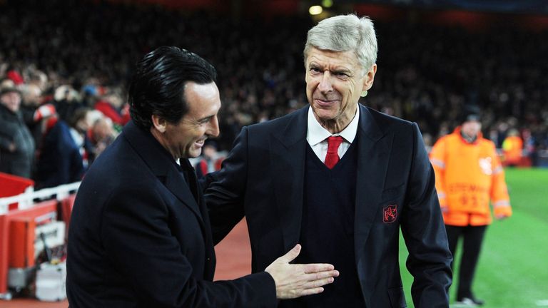 Arsene Wenger with Unai Emery before the UEFA Champions League match between Arsenal and Paris Saint-Germain at the Emirates Stadium on November 23, 2016