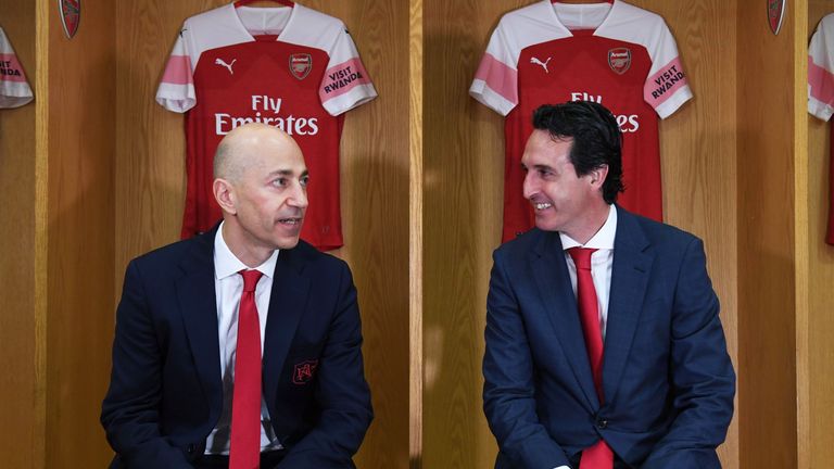 Arsenal's new Head Coach Unai Emery is shown around the Emirates Stadium by Arsenal CEO Ivan Gazidis on May 23, 2018
