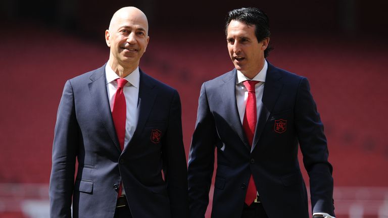 Arsenal's new Head Coach Unai Emery is shown around the Emirates Stadium by Arsenal CEO Ivan Gazidis on May 23, 2018