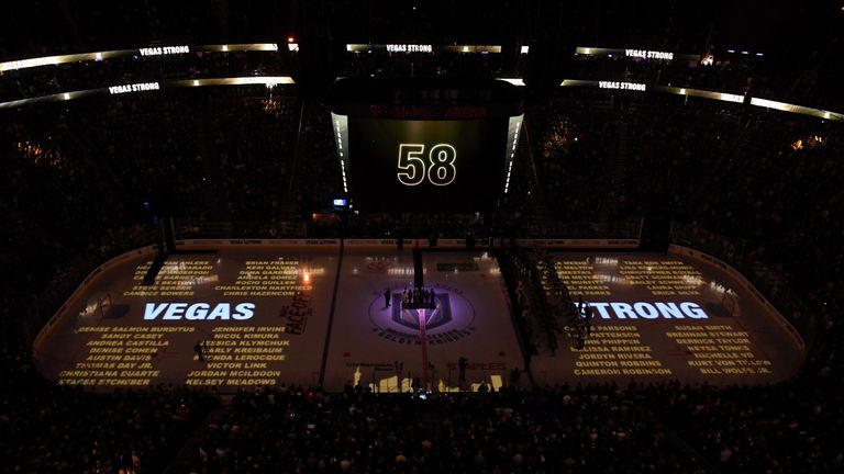 The opening ceremony to the Golden Knights' first home game, just a week after the mass shooting in the city that killed 58.