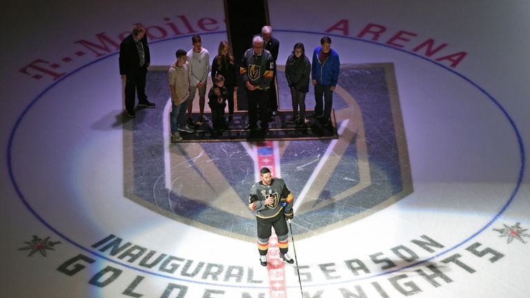  Deryk Engelland speaks to the crowd ahead of the Golden Knights home opener just a week after the mass shooting in the city