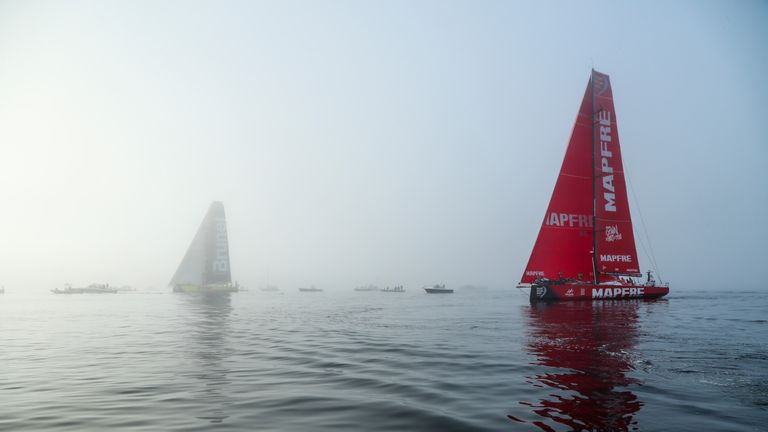 MAPFRE and Brunel were neck and neck coming out of the Newport mist (credit: Jesus Renedo/Volvo Ocean Race)