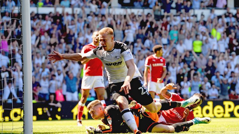DERBY, ENGLAND - MAY 06:  Matej Vydra of Derby County celebrates scoring their second goal  during the Sky Bet Championship match between Derby County and Barnsley at iPro Stadium on May 6, 2018 in Derby, England.  (Photo by Tony Marshall/Getty Images)