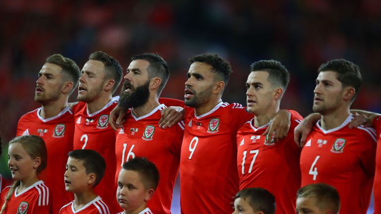 Wales' players sing the national anthem before the group D World Cup qualifying football match against Republic of Ireland 