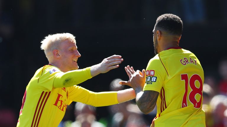 Will Hughes (left) and Andre Gray celebrate Watford's second goal against Newcastle