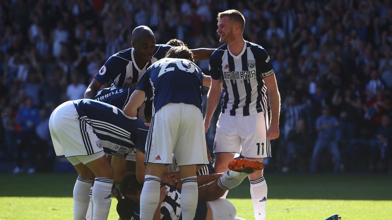 West Brom celebrate after Jake Livermore's injury time winner