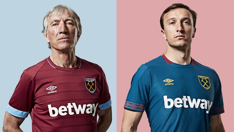 Billy Bonds and Mark Noble model the home and away kits.