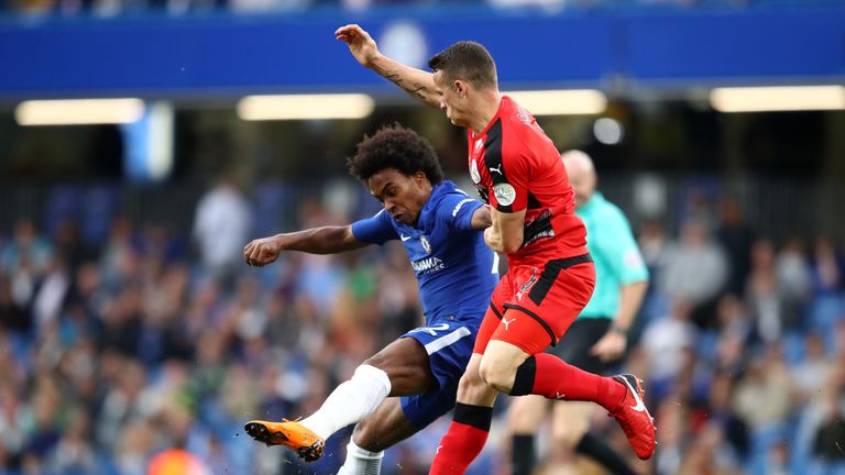Willian and Jonathan Hogg in action at Stamford Bridge