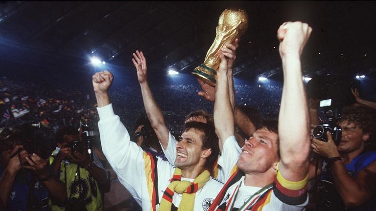 Germany's players celebrate their World Cup win in 1990.