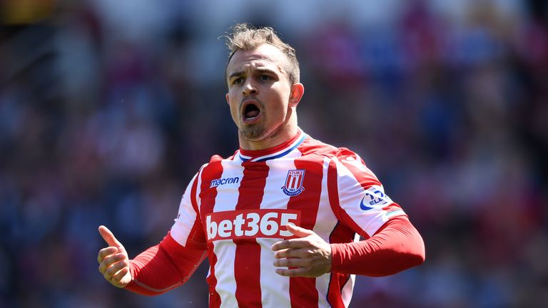 Xherdan Shaqiri celebrates scoring against Crystal Palace for Stoke