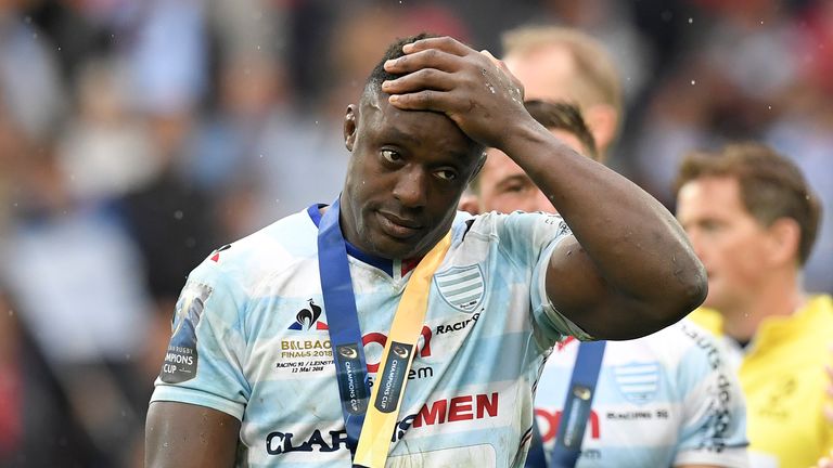 Racing 92's French number eight Yannick Nyanga reacts after receiving his silver medal 