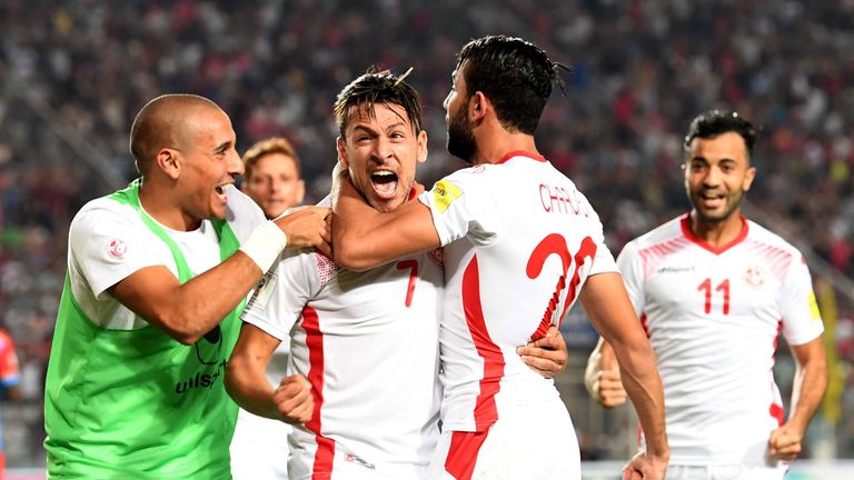 Youssef Msakni celebrates scoring for Tunisia