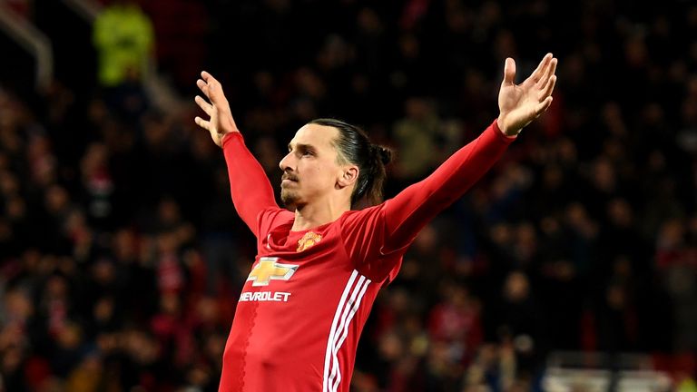 Zlatan Ibrahimovic celebrates after scoring his Manchester United's fourth goal of the game during the EFL Cup quarter-final against West Ham United at Old Trafford on November 30, 2016