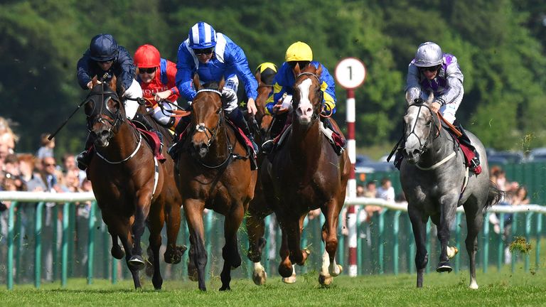 Battash ridden by Dane O'Neil (centre) goes on to win the Armstrong Aggregates Temple Stakes at Haydock Park Racecourse. PRESS ASSOCIATION Photo. Picture date: Saturday May 26, 2018. See PA story RACING Haydock. Photo credit should read: Anthony Devlin/PA Wire