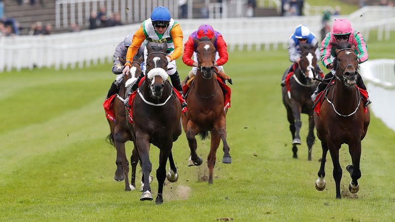 Forest Ranger, ridden by Tony Hamilton, wins the Homeserve Huxley Stakes at Chester