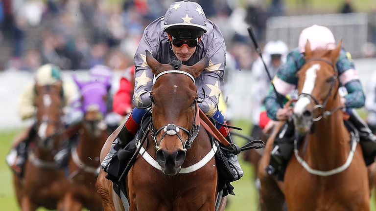 Magic Circle (centre) ridden by Fran Berry wins the 188bet Chester Cup Handicap Stakes