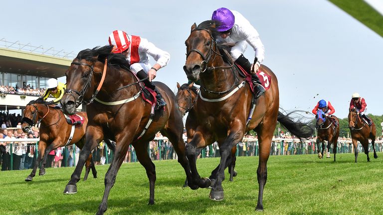 Sands Of Mali ridden by Paul Hanagan (right) beats Invincible Army ridden by James Doyle by a photo finish and wins the Armstrong Aggregates Sandy Lane Stakes (Class 1) at Haydock Park Racecourse. PRESS ASSOCIATION Photo. Picture date: Saturday May 26, 2018. See PA story RACING Haydock. Photo credit should read: Anthony Devlin/PA Wire