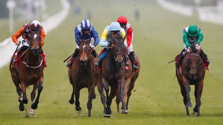 Tomyris (centre) ridden by Frankie Dettori on the way to winning The Betfred 'Supports Jack Berry House' Chartwell Fillies' Stakes  during The Derby Trial day at Lingfield Racecourse, Lingfield. PRESS ASSOCIATION Photo. Picture date: Saturday May 12, 2018. See PA story RACING Lingfield. Photo credit should read: John Walton/PA Wire. 