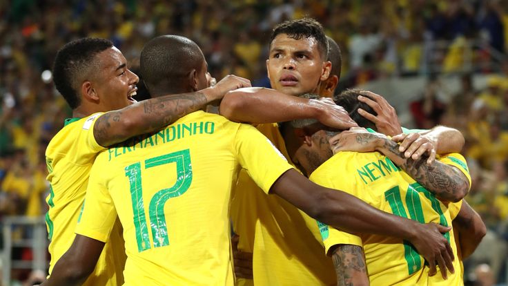 Thiago Silva celebrates with his Brazil team-mates 