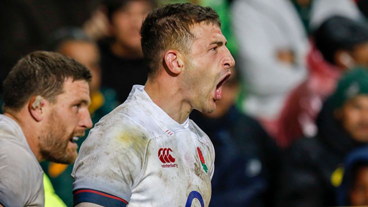 CAPE TOWN, SOUTH AFRICA - JUNE 23: England player Jonny May celebrates after scoring  at Newlands Stadium on June 23, 2018 in Cape Town, South Africa. (Photo by MB Media/Getty Images)