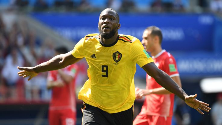 Romelu Lukaku wheels away from goal after doubling Belgium's lead