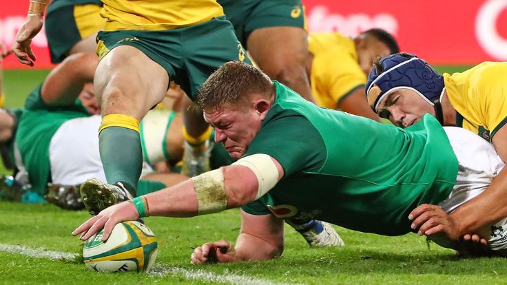 MELBOURNE, AUSTRALIA - JUNE 16:  Tadhg Furlong of Ireland scores a try during the International test match between the Australian Wallabies and Ireland at AAMI Park on June 16, 2018 in Melbourne, Australia.  (Photo by Scott Barbour/Getty Images)