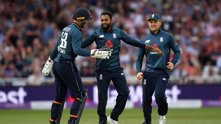 Adil Rashid celebrates after dismissing Aaron Finch at Trent Bridge