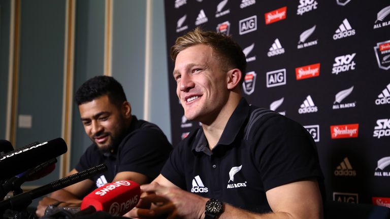 Damian McKenzie and Richie Mo'unga of New Zealand speak to the media
