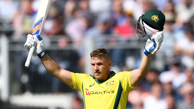 Aaron Finch celebrates his 11th ODI century for Australia