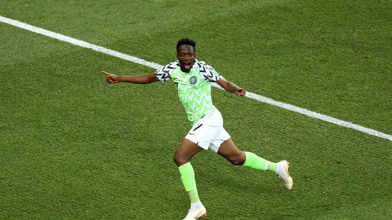 Ahmed Musa of Nigeria celebrates his goal against Iceland