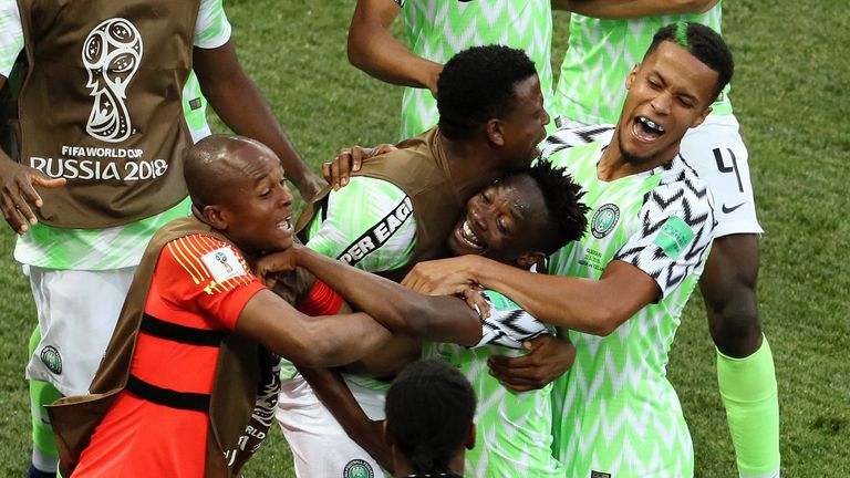 Ahmed Musa celebrates his opener with team-mates