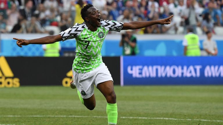 Ahmed Musa celebrates scoring his second goal of the game