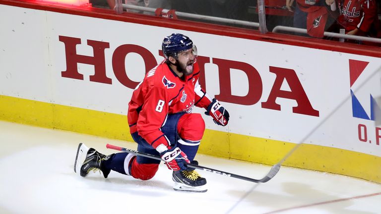 Alexander Ovechkin celebrates scoring in Game Three of the 2018 NHL Stanley Cup Final at Capital One Arena on June 2, 2018 in Washington, DC.