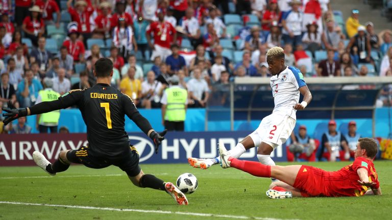 Amir Murillo's shot is saved by Thibaut Courtois during the 2018 FIFA World Cup Russia group G match between Belgium and Panama at Fisht Stadium on June 18, 2018 in Sochi, Russia.