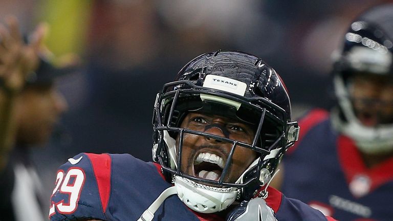 HOUSTON, TX - NOVEMBER 19:  Andre Hal #29 of the Houston Texans celebrates after fourth down stop against the Arizona Cardinals in the fourth quarter at NRG Stadium on November 19, 2017 in Houston, Texas.  (Photo by Bob Levey/Getty Images)