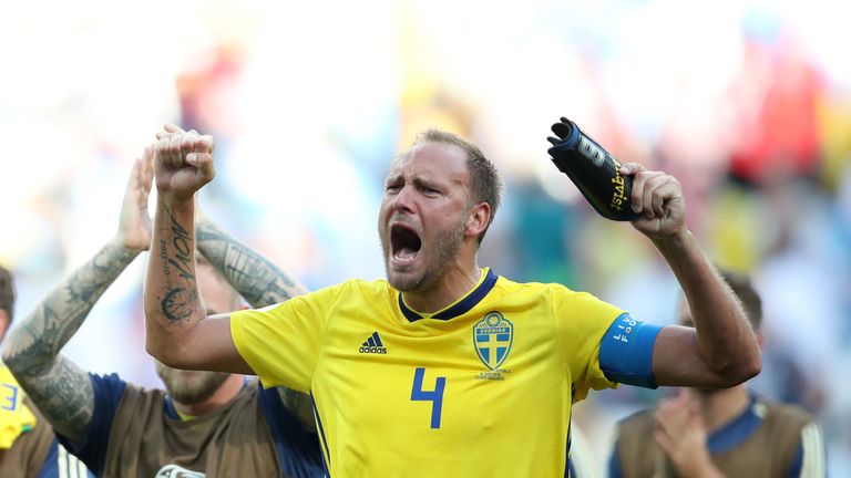 Andreas Granqvist celebrates following Sweden's victory in the group F match against Korea Republic
