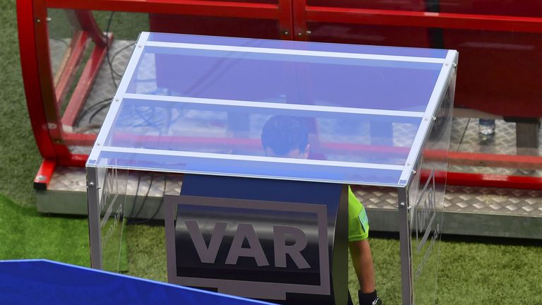 Uruguayan referee Andres Cunha reviews the VAR during the Group C match between France and Australia