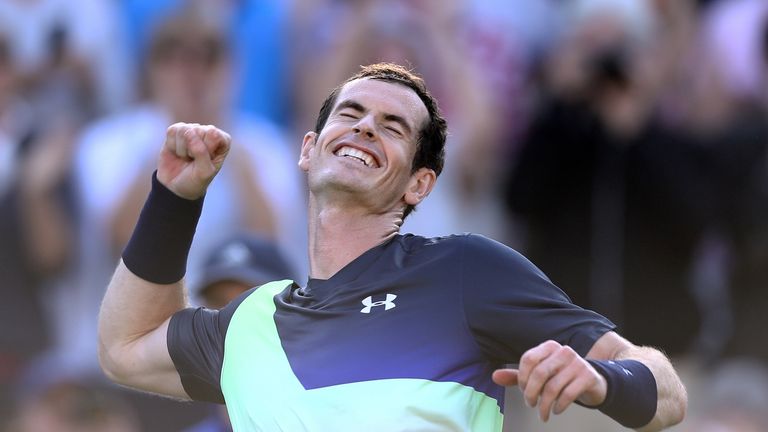 Andy Murray celebrates his win over Stan Wawrinka at Eastbourne